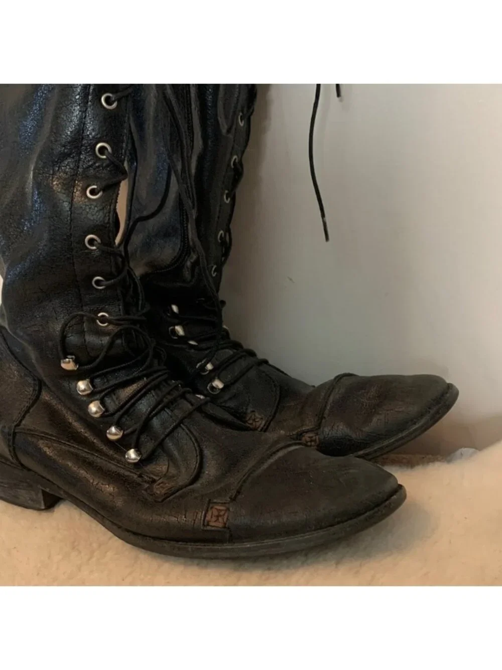 Charles David Knee High Tall Black Leather Lace-Up Boots 7